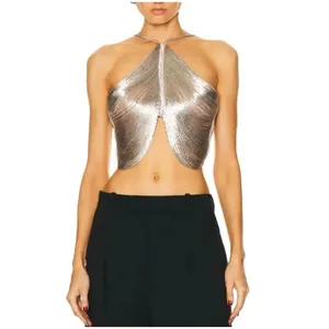 Close-up of sexy silver fringe halter neck top with irregular tassel design