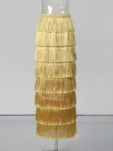 Elegant gold tiered fringe maxi skirt with a high waist vintage design for women