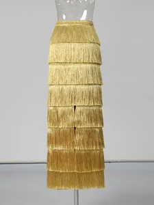 Elegant golden high-waisted tiered tassel skirt in a vintage cake style for women