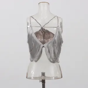 Sexy silver fringe halter top with spaghetti straps and irregular tassels for summer