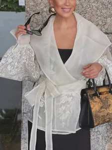 Elegant French style white organza shirt featuring floral embroidered lace-up sleeves