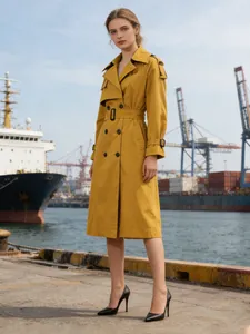 Women's French British Style Mid-Length Trench Coat Double Breasted Lapel Windbreaker With Belt Long Sleeve Autumn Outerwear Top