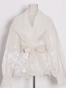Elegant French off-white floral organza wrap blouse with waist tie and long sleeves
