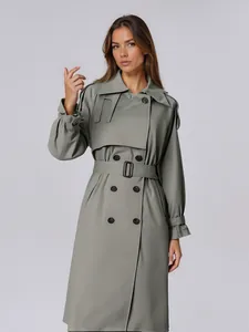 Elegant French style mid-length trench coat with waist tie for women's autumn fashion
