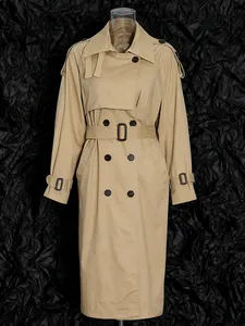 Elegant French-style khaki mid-length trench coat for women with belted waist
