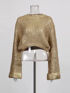Elegant golden metallic knit sweater with long sleeves and a cropped fit for women
