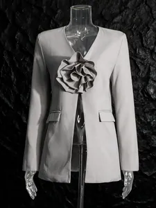 Elegant light grey women's blazer jacket with a large 3D flower detail on front