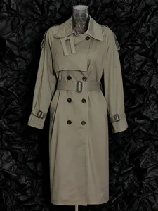 French style mid-length khaki green trench coat for women with a waist-slimming belt