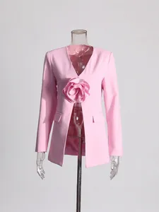 Elegant pink slim-fit blazer for women featuring a large decorative 3D flower