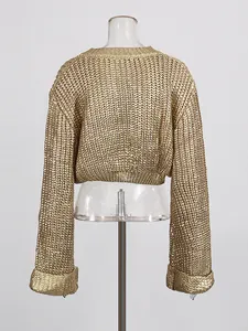 Back view of stylish gold metallic chunky knit crop sweater on mannequin for women