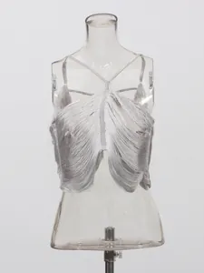 Sexy silver fringe halter crop top with irregular hem and cross straps for summer.