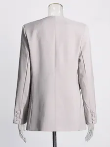 Elegant light grey tailored blazer for women featuring decorative sleeve buttons back view