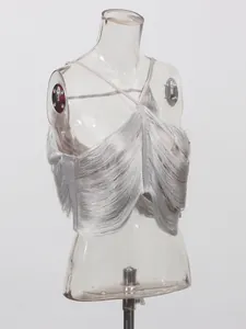 Sexy silver halter neck fringe cropped top with corset boning and hanging tassels.