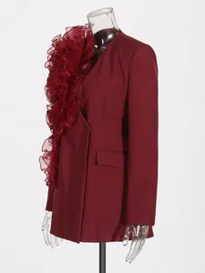 Elegant burgundy V-neck blazer featuring oversized organza ruffle trim for women.