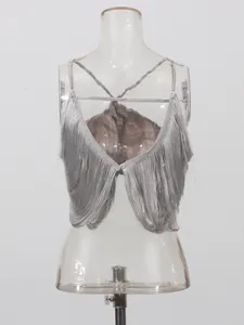 Sexy silver fringe halter top with irregular hem for summer