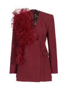 Elegant burgundy V-neck blazer for women featuring a dramatic organza ruffle detail