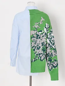 Franse stijl oversized shirt met asymmetrische groene gebreide trui splicing voor dames