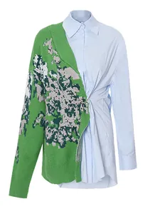 Franse stijl patchwork trui overhemd met asymmetrisch groen breisel en blauw hemd