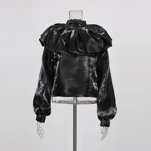 Elegant black long-sleeved satin blouse featuring a sophisticated ruffled collar detail
