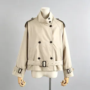 Stylish khaki short trench coat with funnel neck and buckled belt for autumn wear.