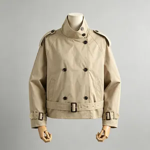 Classic British style khaki short trench coat with adjustable waist belt for women