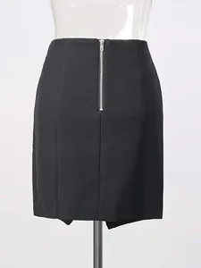 Elegant black high waist slit pencil skirt with silver back zipper detail