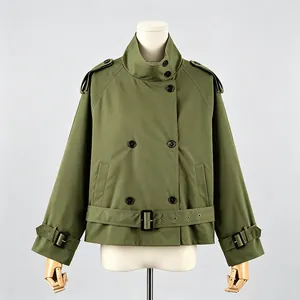 Detailed front view of an olive green British style vintage short trench coat for women