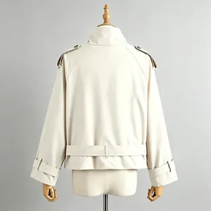 Back view of women's British style trench jacket with belt and epaulet details