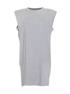Detail view of casual grey sleeveless dress featuring structured padded shoulders