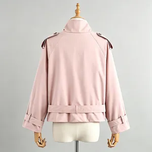 Back view detail of pink vintage trench jacket with belted waist and epaulets