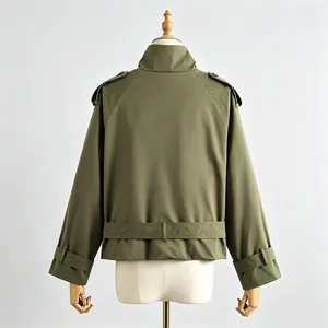 Professional back view of a cropped olive green retro trench coat with waist belt detail
