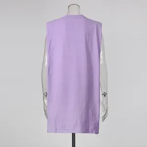 Back view of a minimalist casual lavender sleeveless crew neck mini dress for women