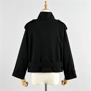 Back view of a classic black British style short trench coat with belt detail.