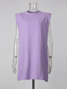 Stylish lavender sleeveless t-shirt dress with padded shoulders for casual summer wear.