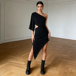 Elegant black one-shoulder mini dress with lace cutout details and asymmetrical hemline.