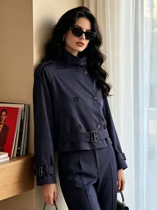 Elegant navy blue double-breasted cropped trench coat in British vintage style