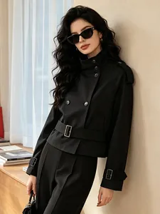 Classic black short trench coat with belt and high collar for women's autumn style