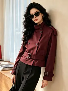 Elegant British style burgundy short trench coat with belt for women's autumn fashion