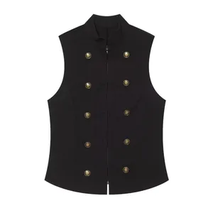 Vue détaillée d'un gilet vintage noir avec boutons décoratifs en bronze et zip