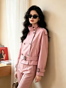 Elegant pink British style retro short trench coat jacket for women, 2026 autumn fashion
