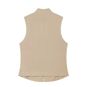 Vue arrière professionnelle d'un gilet beige minimaliste montrant la texture raffinée du tissu