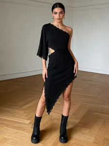 Elegant One Shoulder Lace Trim Cut Out Waist Asymmetric Hem Black Midi Dress Sexy Stitching Bodycon Party Dress For Women