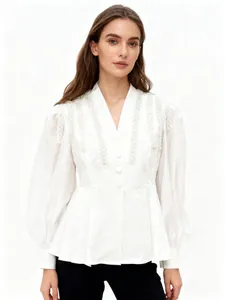 Elegant white V-neck blouse with beaded fringe details and lantern sleeves for women.