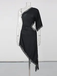 Elegant black one-shoulder mini dress featuring lace trim and asymmetrical hemline