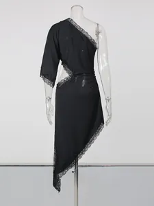Sexy one-shoulder black asymmetrical dress with lace trim and waist cut-out for women