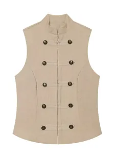 Gilet sans manches kaki vintage pour femmes avec col montant et boutons décoratifs
