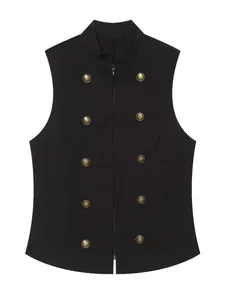 Gilet noir vintage à double boutonnage avec col montant et fermeture éclair mode 2026