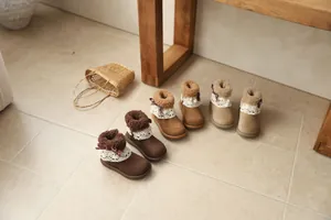 Girls' fleece-lined short boots with delicate lace and bow details in three colors