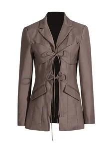 Women's elegant brown hollow-out tie-up blazer jacket with unique irregular design