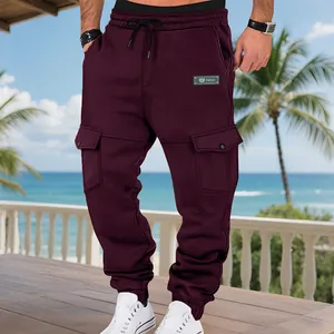 Herren Winter Cargohose mit Fleece-Futter in Burgund, dicke Jogginghose mit Taschen